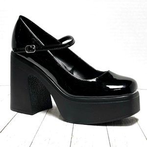 New Black Patent Mary Jane Platform Chunky Heels Pumps